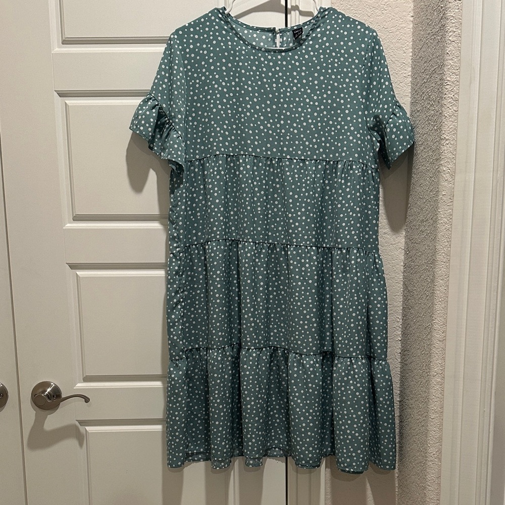 SHEIN Teal Polka Dot Tiered Midi Dress
